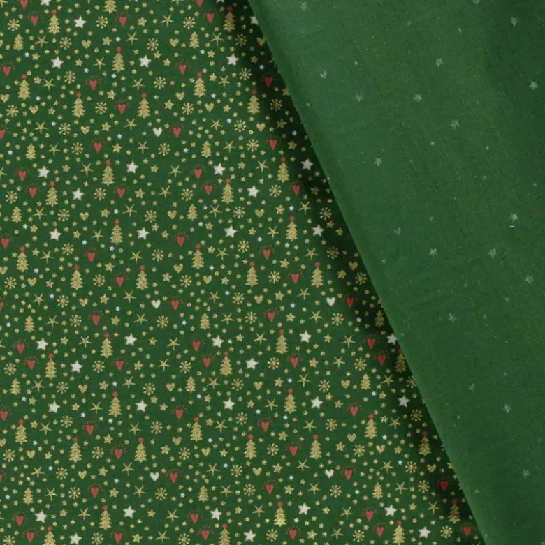 Tissu de Noël motif sapins, coeurs et étoiles or fond verts apin - OEKO TEX