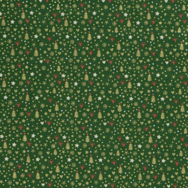 Tissu de Noël motif sapins, coeurs et étoiles or fond verts apin - OEKO TEX