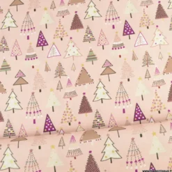 Tissu de Noël motif sapins de noël fantaisies fond rose - OEKO TEX