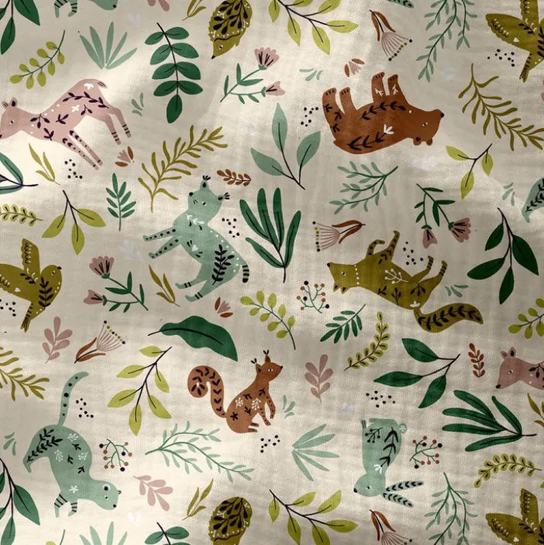 Tissu Double gaze Anifolk motif animaux fond Ecru - OEKO TEX