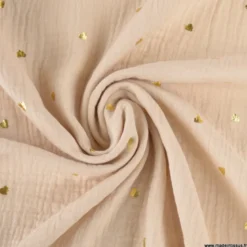 Tissu Double gaze beige motif coeurs dorés - OEKO TEX