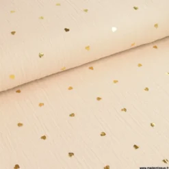 Tissu Double gaze beige motif coeurs dorés - OEKO TEX