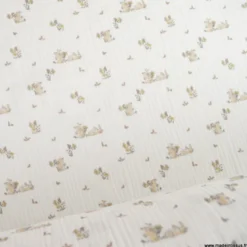 Tissu Double Gaze Bio – Motif Lapins beige & Fleurs
