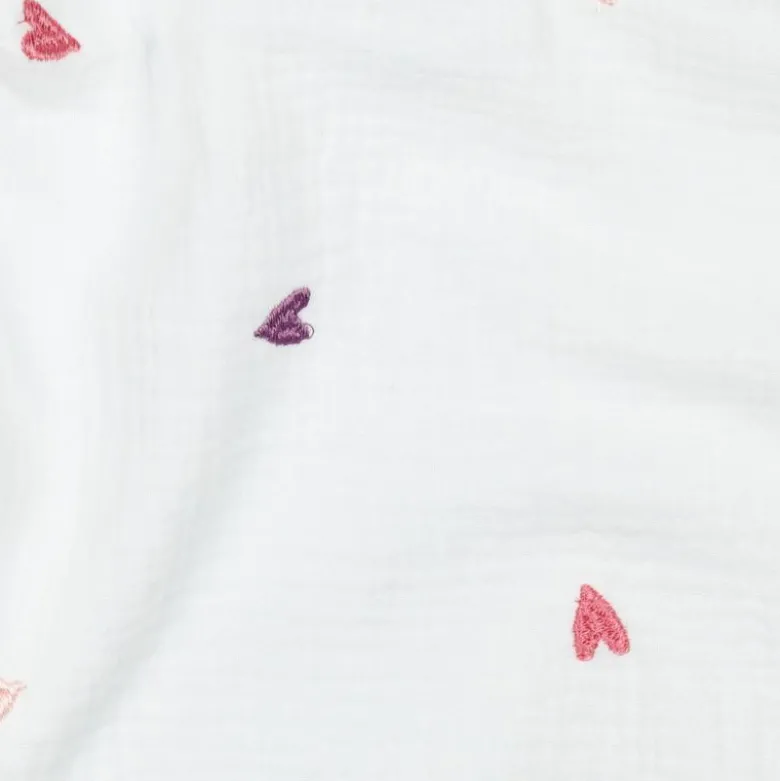 Tissu Double gaze brodée coeurs multicouleurs fond blanc - OEKO TEX