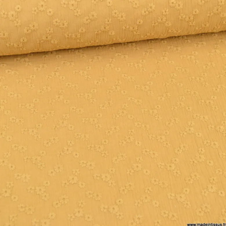 Tissu Double gaze brodée Esmée Camel - oeko tex