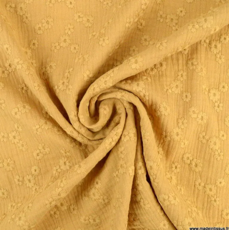 Tissu Double gaze brodée Esmée Camel - oeko tex