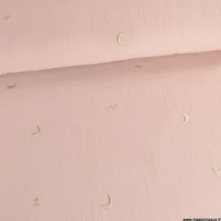 Tissu Double gaze brodée lunes et étoiles fond rose pale - OEKO TEX