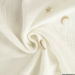 Tissu Double gaze brodée lunes et étoiles fond Milk - OEKO TEX