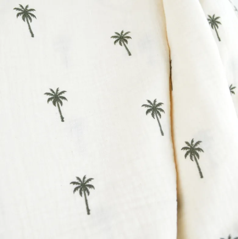 Tissu Double gaze brodée palmiers kaki fond écru - OEKO TEX