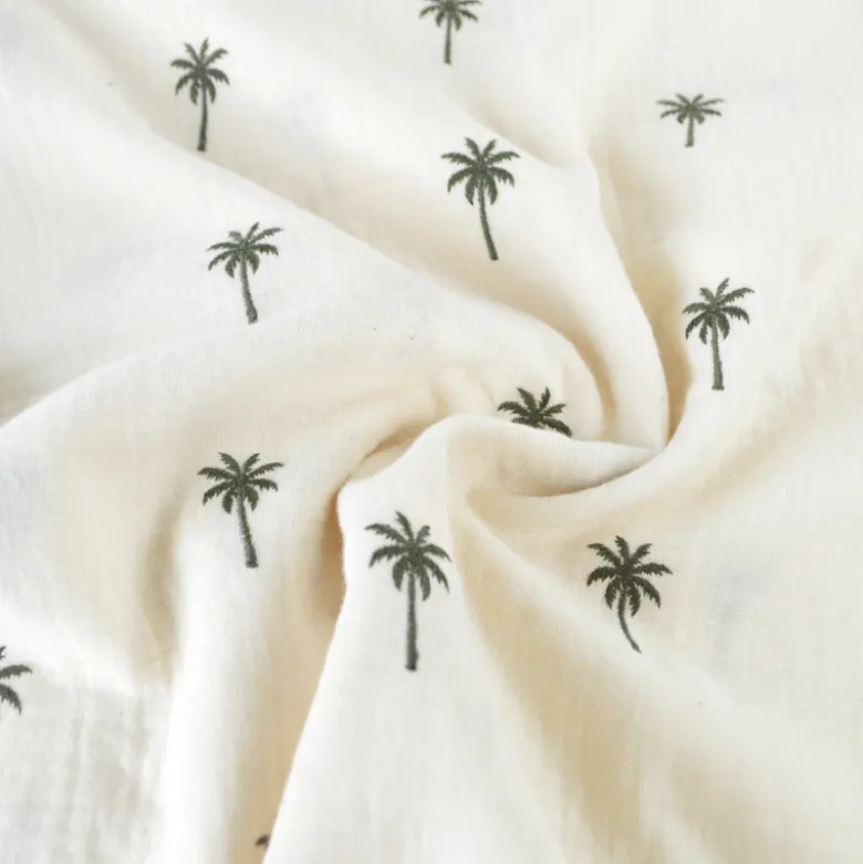 Tissu Double gaze brodée palmiers kaki fond écru - OEKO TEX