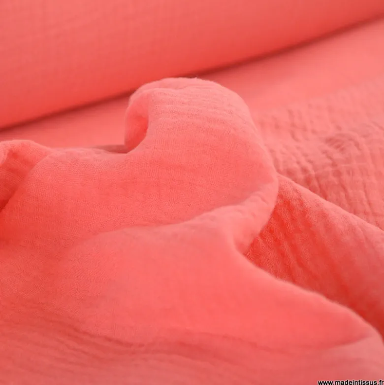 Tissu Double gaze coton Coloris Corail - OEKO TEX