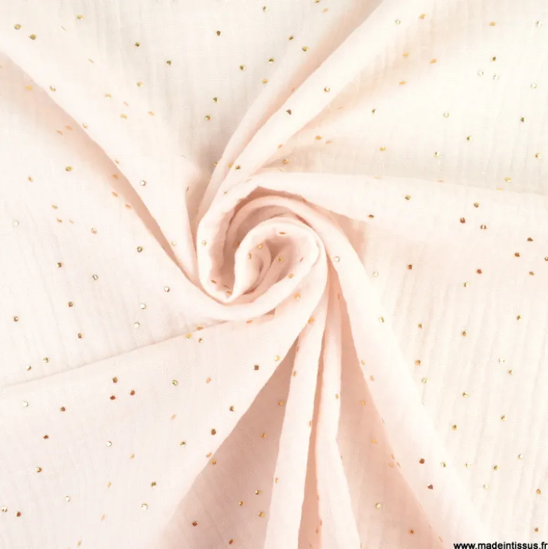 Tissu Double gaze coton Glitter à pois or coloris rose morganite - OEKO TEX