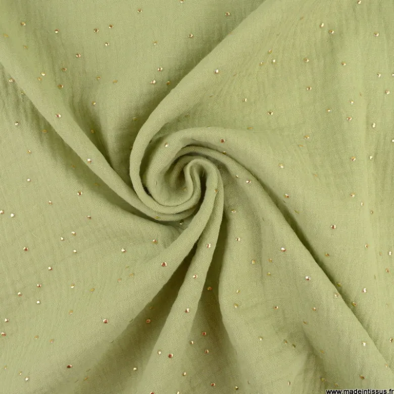 Tissu Double gaze coton Glitter à pois or coloris amande - OEKO TEX