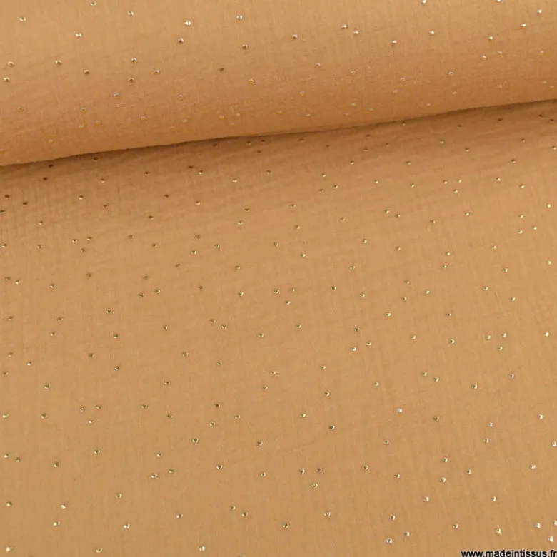 Tissu Double gaze coton Glitter à pois or coloris caramel - OEKO TEX