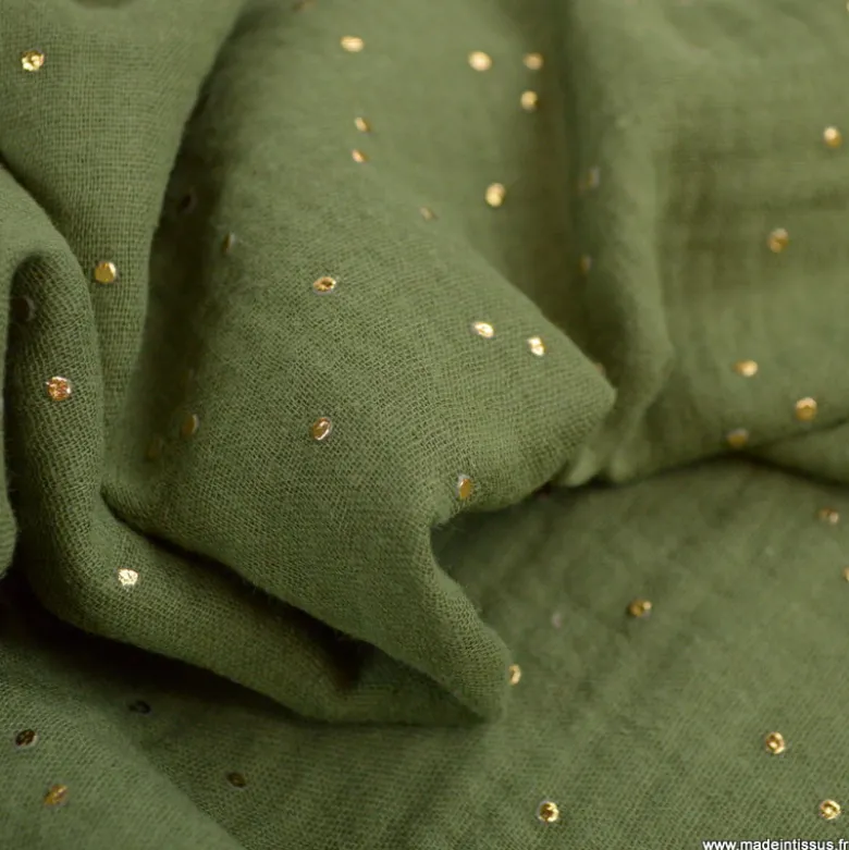 Tissu Double gaze coton Glitter à pois or coloris vert fougère - OEKO TEX