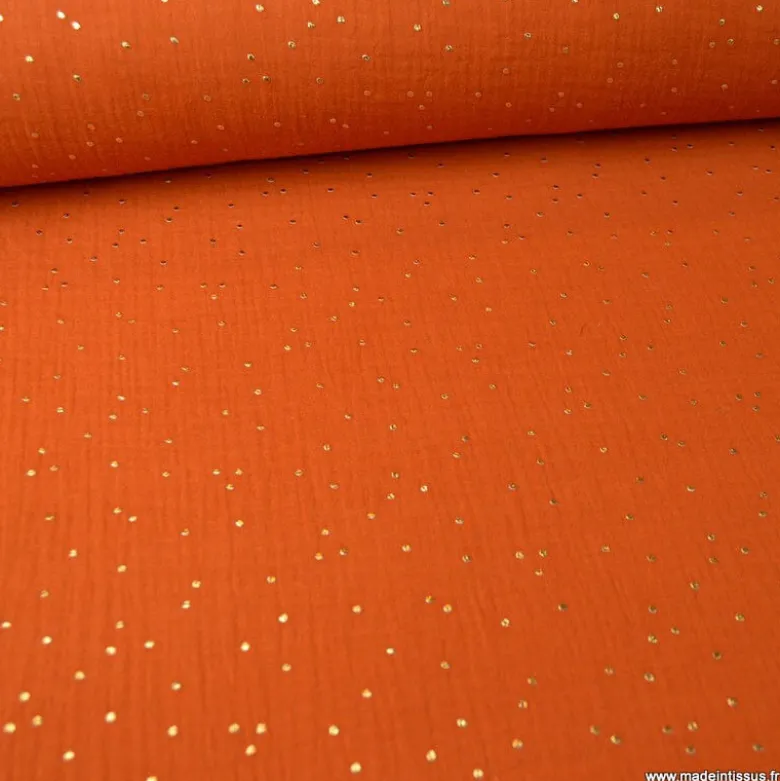 Tissu Double gaze coton Glitter à pois or coloris Rouille - OEKO TEX