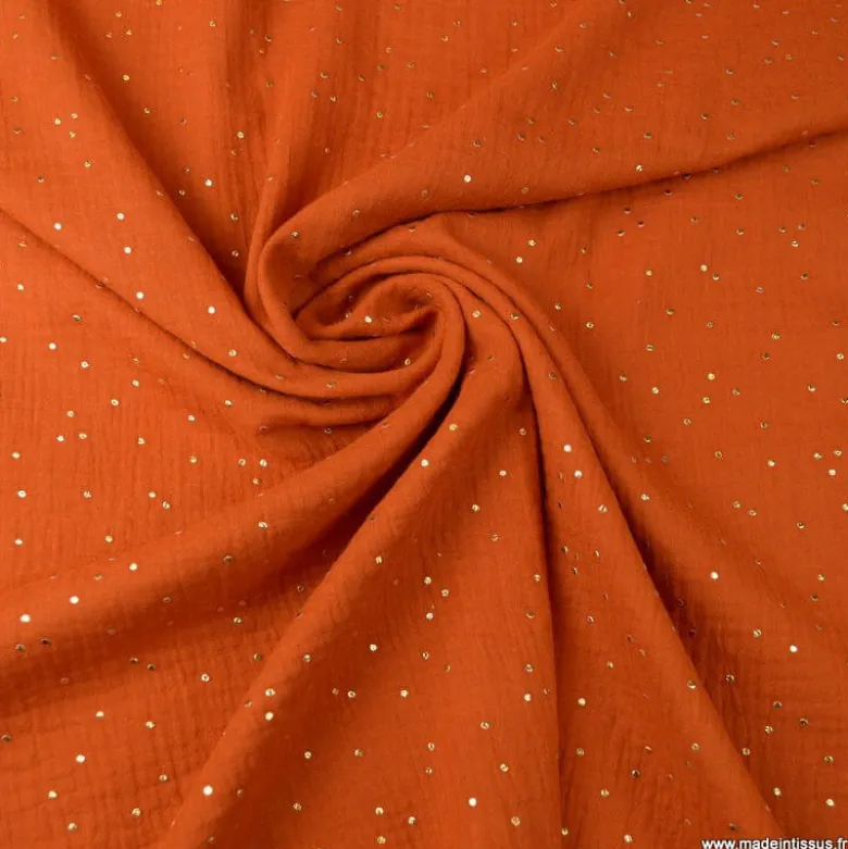 Tissu Double gaze coton Glitter à pois or coloris Rouille - OEKO TEX