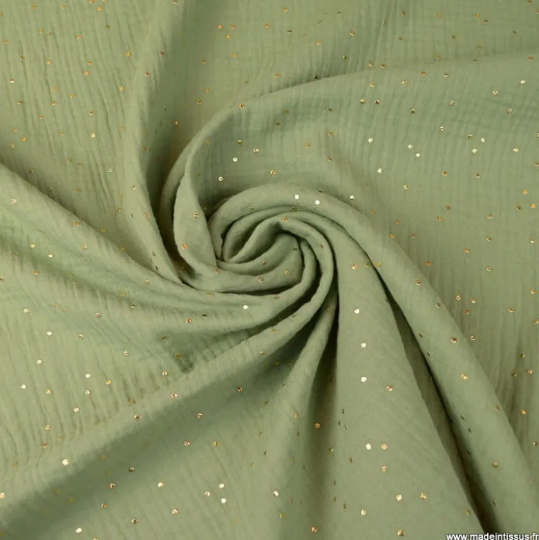Tissu Double gaze coton Glitter à pois or coloris Tilleul - OEKO TEX
