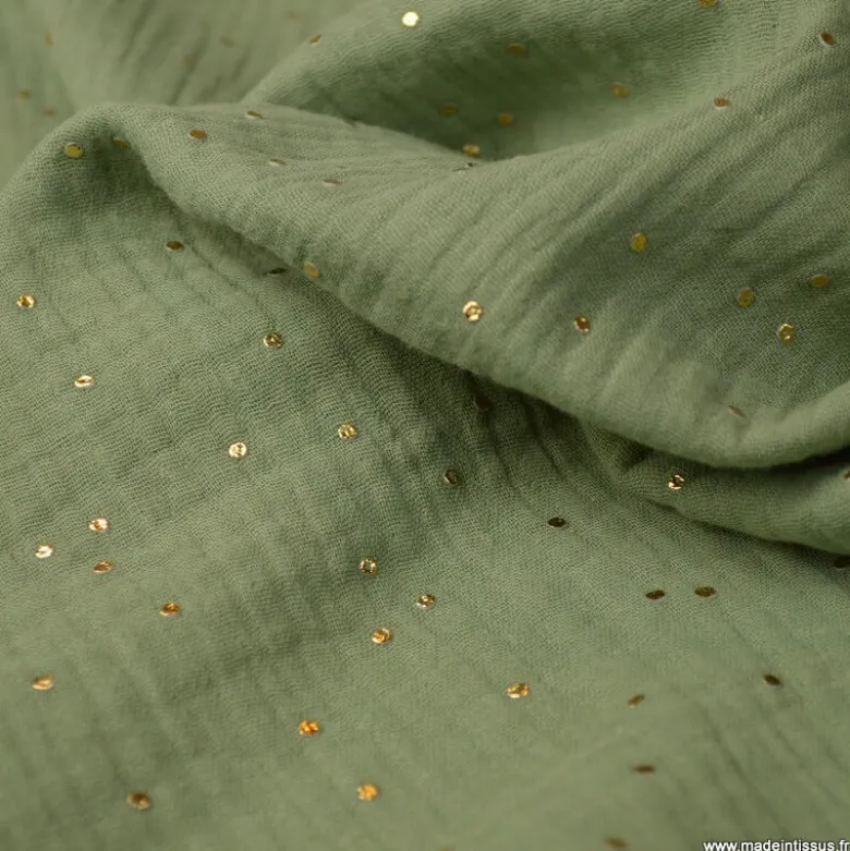 Tissu Double gaze coton Glitter à pois or coloris Tilleul - OEKO TEX