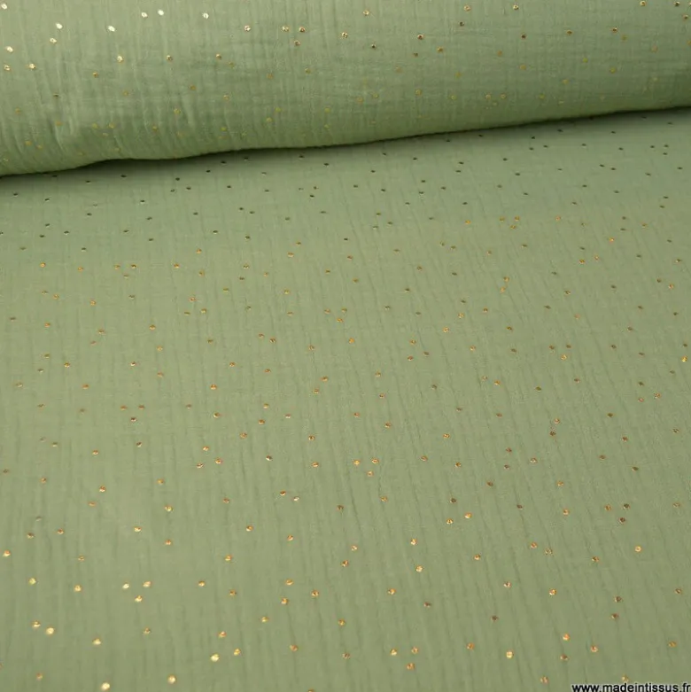 Tissu Double gaze coton Glitter à pois or coloris Tilleul - OEKO TEX