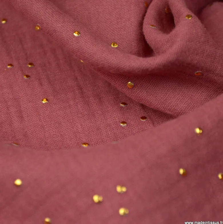 Tissu Double gaze coton Glitter à pois or coloris Framboise - OEKO TEX