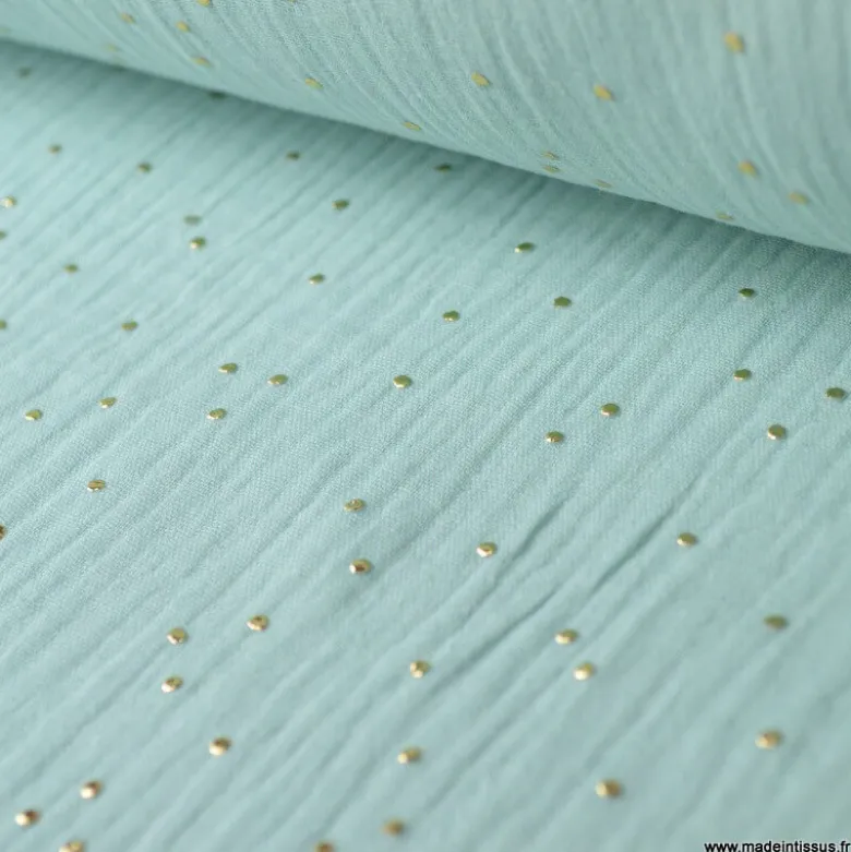 Tissu Double gaze coton Glitter à pois OR coloris menthe clair - OEKO TEX