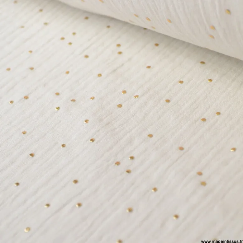 Tissu Double gaze coton Glitter à pois OR coloris ECRU - OEKO TEX