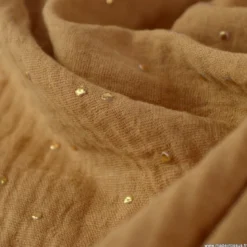 Tissu Double gaze coton Glitter à pois OR coloris CAMEL - OEKO TEX
