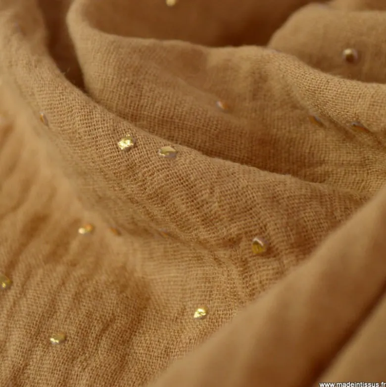 Tissu Double gaze coton Glitter à pois OR coloris CAMEL - OEKO TEX