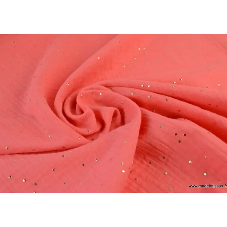 Tissu Double gaze coton Glitter à pois OR coloris corail - OEKO TEX