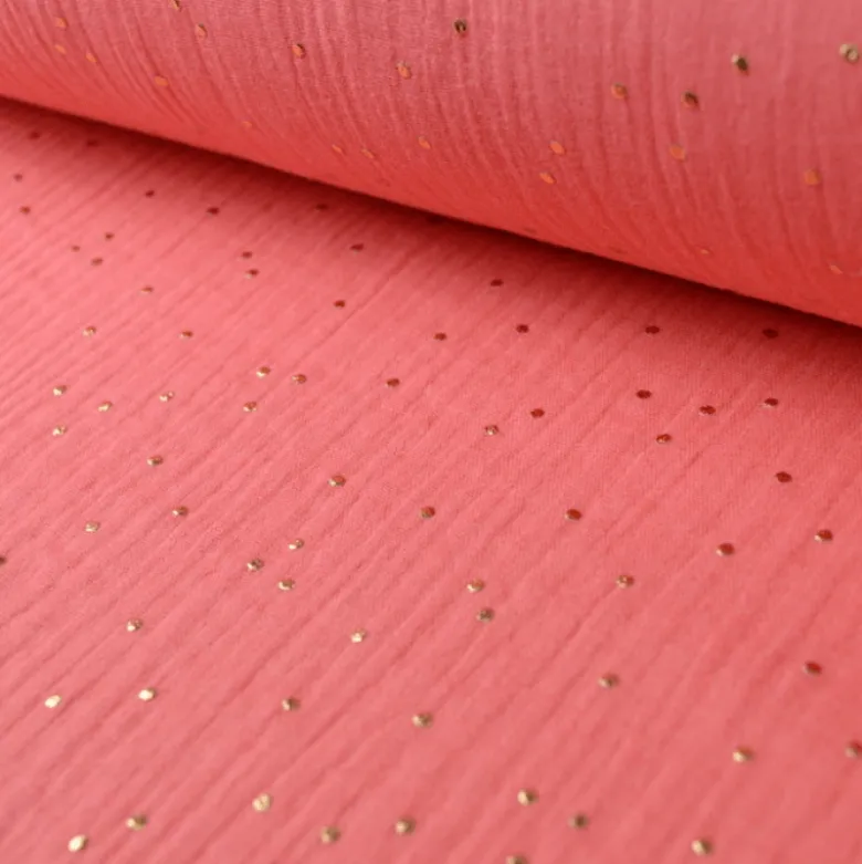 Tissu Double gaze coton Glitter à pois OR coloris corail - OEKO TEX