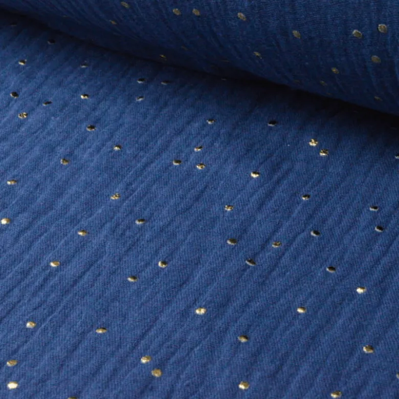 Tissu Double gaze coton Glitter à pois OR coloris INDIGO - OEKO TEX