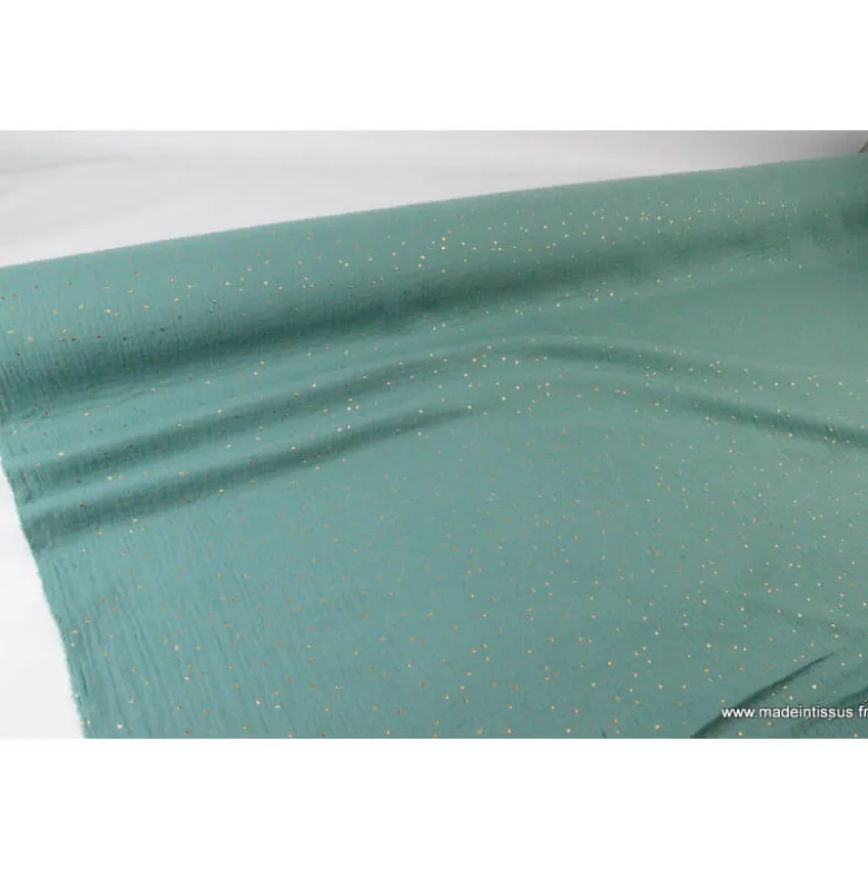 Tissu Double gaze coton Glitter à pois OR coloris Eucalyptus - OEKO TEX