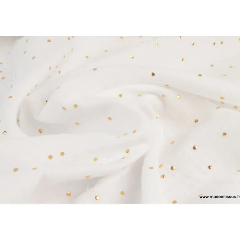 Tissu Double gaze coton Glitter à pois OR coloris BLANC - OEKO TEX