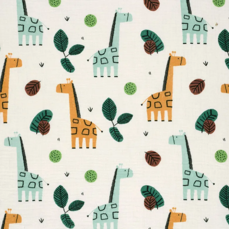 Tissu Double gaze coton motif girafes fond blanc cassé - OEKO TEX
