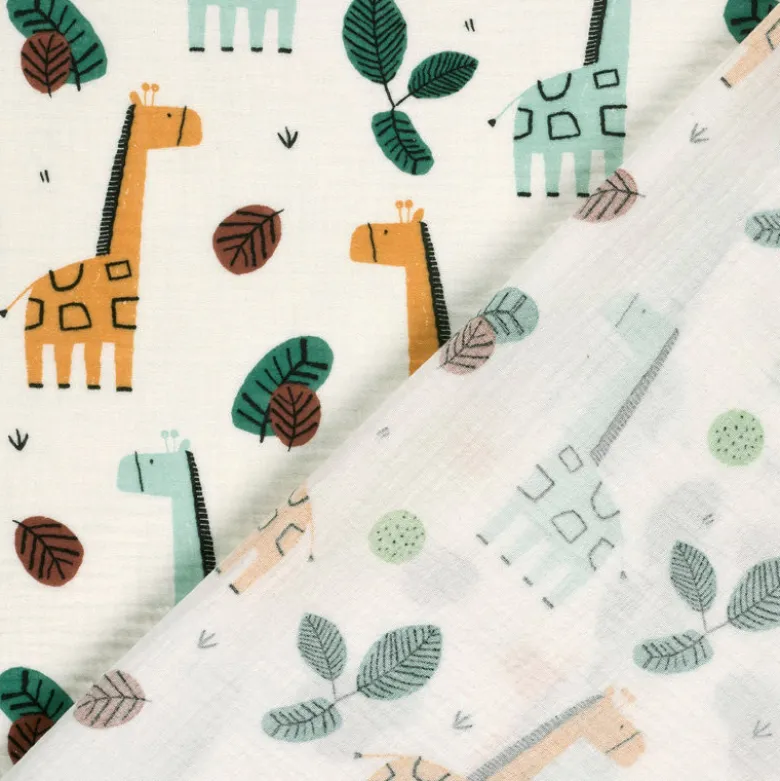Tissu Double gaze coton motif girafes fond blanc cassé - OEKO TEX