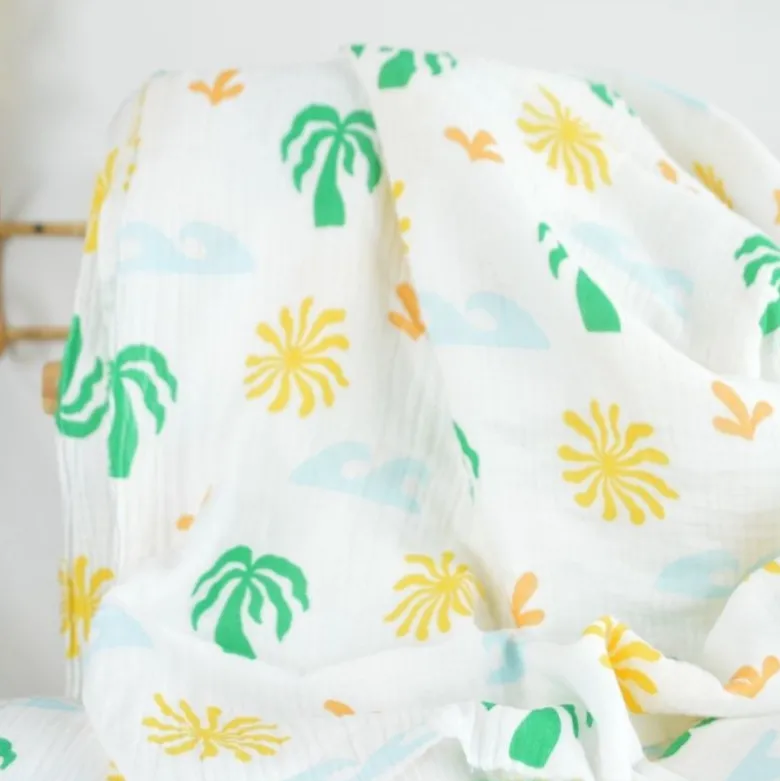 Tissu Double gaze coton motif palmiers verts et jaunes - OEKO TEX