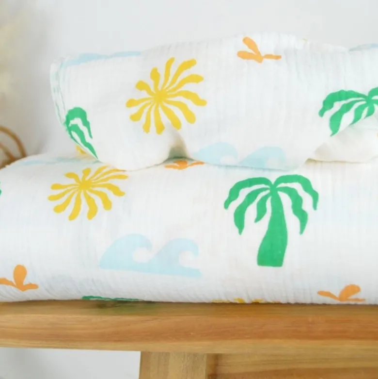 Tissu Double gaze coton motif palmiers verts et jaunes - OEKO TEX
