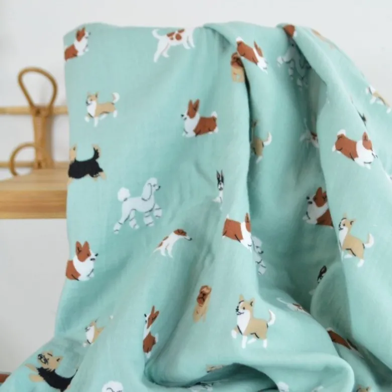Tissu Double gaze coton motif chiens fond vert - OEKO TEX
