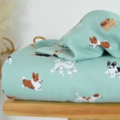 Tissu Double gaze coton motif chiens fond vert - OEKO TEX