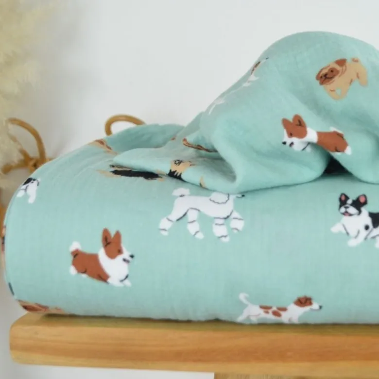 Tissu Double gaze coton motif chiens fond vert - OEKO TEX