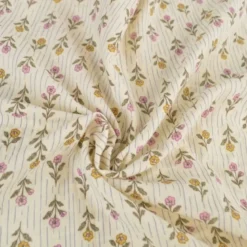Tissu double gaze de coton Aesa fleurs vertes fond écru