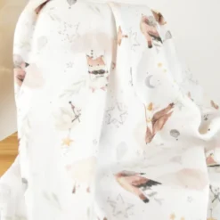 Tissu double gaze de coton Alya Oeko-Tex animaux & nuages fond blanc