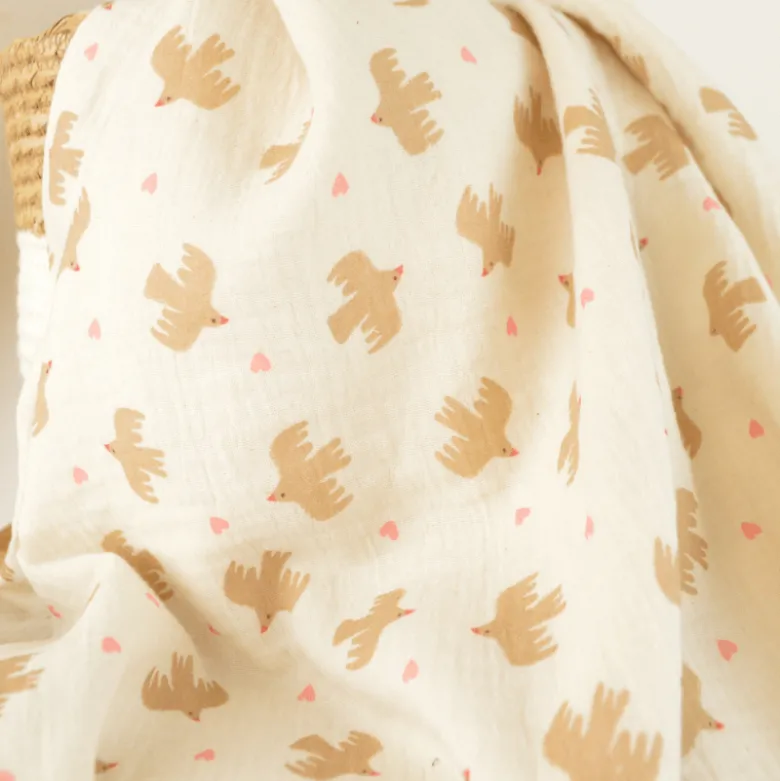 Tissu double gaze de coton Bio Poppy motif oiseaux fond Ecru