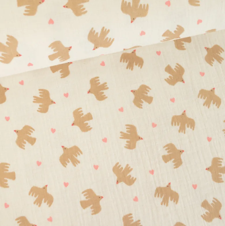 Tissu double gaze de coton Bio Poppy motif oiseaux fond Ecru
