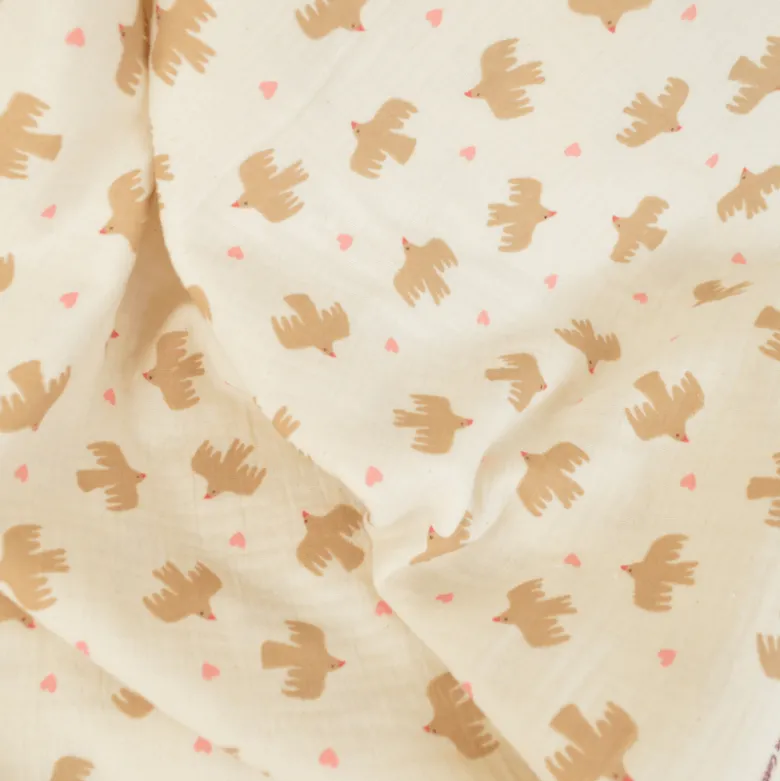Tissu double gaze de coton Bio Poppy motif oiseaux fond Ecru