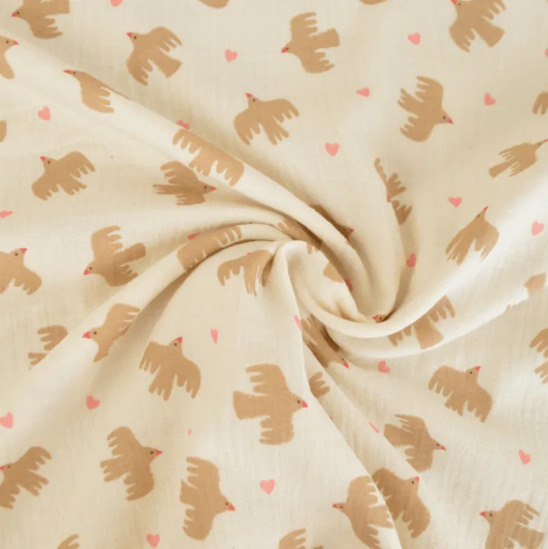 Tissu double gaze de coton Bio Poppy motif oiseaux fond Ecru