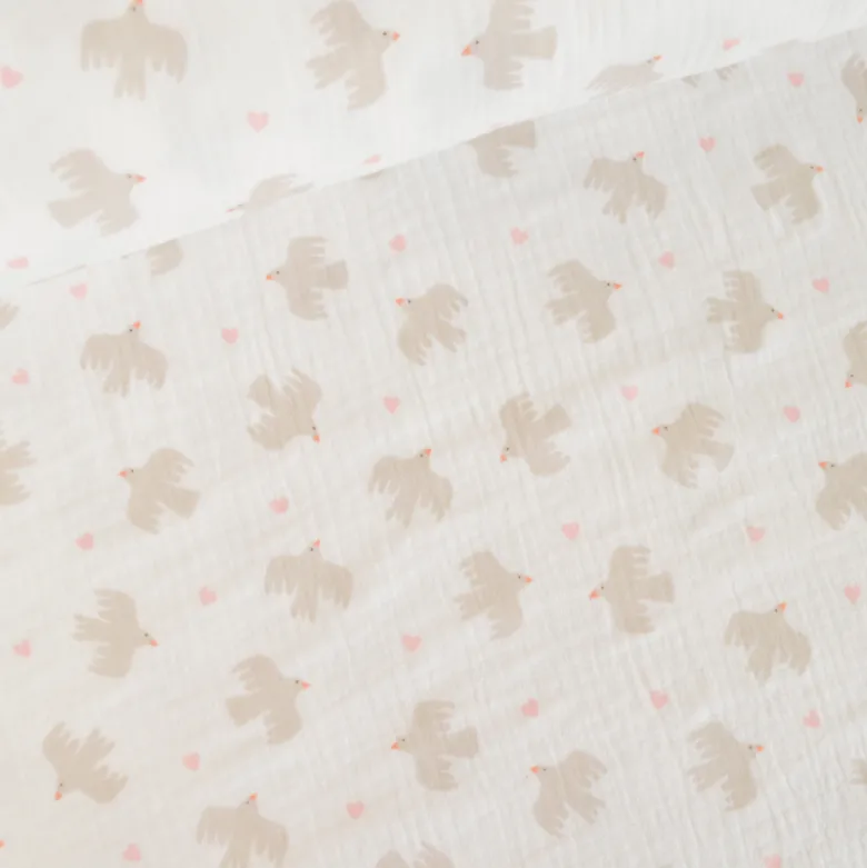 Tissu double gaze de coton Bio Poppy motif oiseaux fond Blanc
