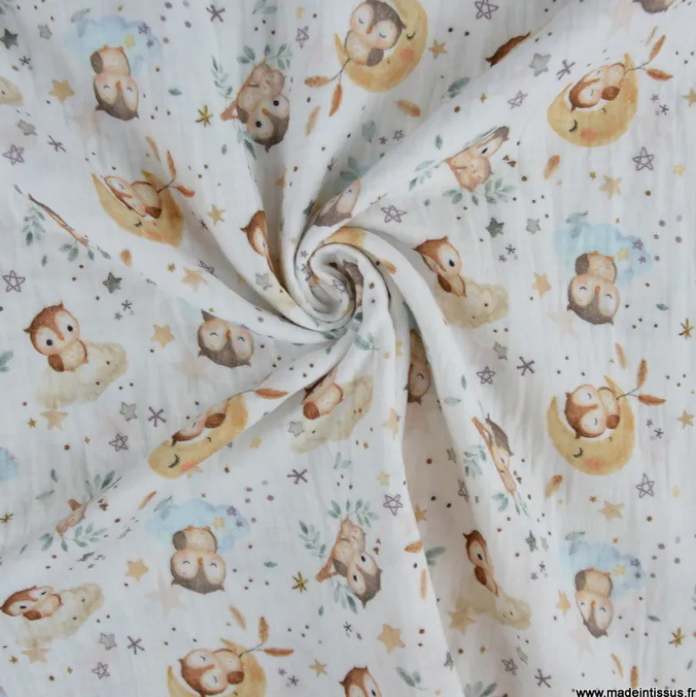 Tissu double gaze de coton Chouzel Hiboux, lunes et étoiles - OEKO TEX