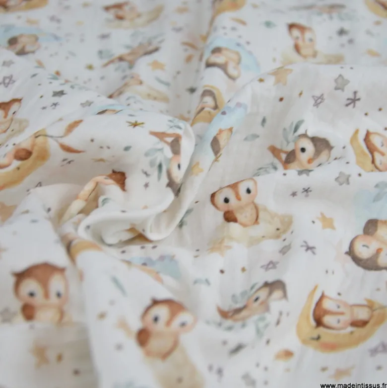 Tissu double gaze de coton Chouzel Hiboux, lunes et étoiles - OEKO TEX